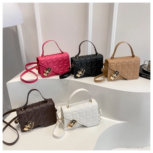 Detailed grid of quilted crossbody bags in five vibrant colors with gold metal clasps