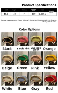 Size guide for round evening bag showing dimensions and 12 colorful leather options