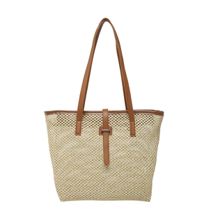 Grand sac cabas en paille avec poignées en cuir marron et motif tissé en losange