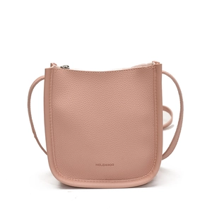 Minimalist pink crossbody bucket bag with litchi texture and brand logo detail