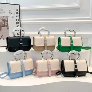 Fashionable handheld crossbody bags in six colors with metallic handles and leather finish