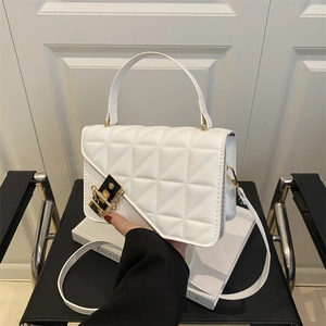 White quilted shoulder bag with gold clasp and adjustable strap for women fashion