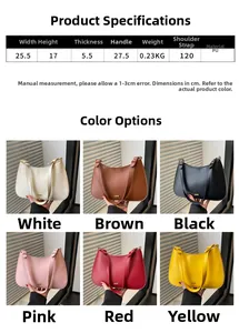 Guide des tailles pour sac bandoulière en PU avec dimensions et six coloris au choix