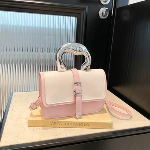 Women Crossbody Bag PU Leather Color Block Handbag With Unique Silver Metal Handle Trendy Shoulder Bag For Ladies