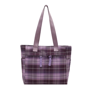 Minimalist purple plaid canvas tote bag with shoulder straps for daily commuting