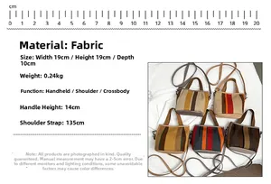 Detailed size parameters and striped knit bucket bag dimensions with various color options