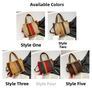 Detailed grid showing five color variations of striped canvas tote bags with straps