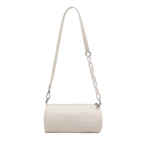 Borsa a tracolla cilindrica beige minimalista con catena in acrilico e cerniera