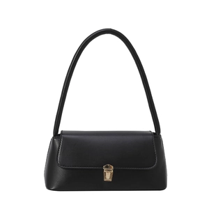 Classic black leather baguette shoulder bag with gold metal clasp for elegant women's style