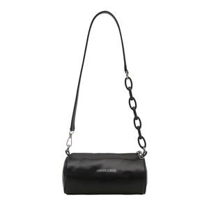 Sac cylindrique noir chic avec bandoulière chaîne et logo FASHION & BAGS imprimé