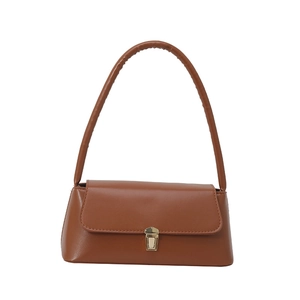 Brown minimalist rectangular shoulder bag with golden lock closure and top handle