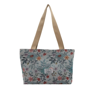 Floral tapestry large tote bag with retro patterns and light brown canvas handles