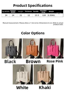 Detailed size chart and multi-color selection for this square PU leather handbag
