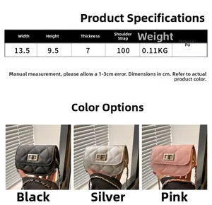 Dimensions du mini sac matelassé à chaîne et options de couleurs noir, argent et rose en PU
