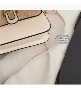 Detail of elegant small square bag showing smooth shoulder strap and golden metal lock