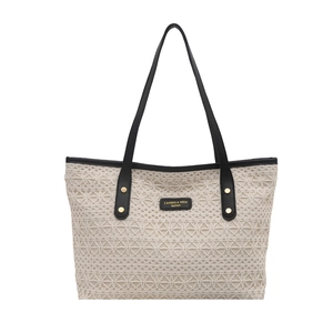 Large capacity woven tote bag with ivory crochet lace and contrasting black leather trim