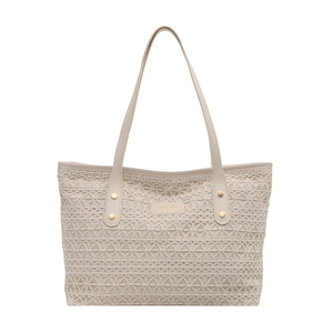 Cream crochet lace tote bag with long straps and gold studs for summer 2025 style