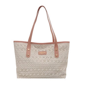 Sac à bandoulière en paille chic avec garniture en cuir rose et motif crocheté beige