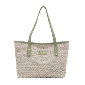 Chic hollow woven tote bag with avocado green straps and inner fabric lining