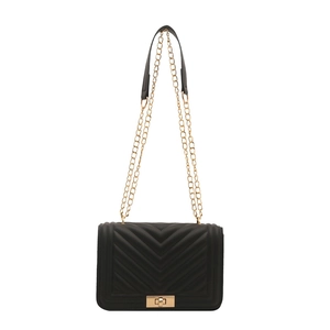 Classic black V-quilted shoulder bag with gold chain strap and turn-lock closure