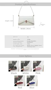 Detailed size chart and multi-color options for the sequined PU leather shoulder bag