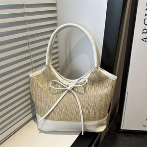 Women Straw Woven Tote Bag With Bow Decoration Contrast Color Leather Trim Casual Summer Beach Handbag Vacation Shoulder Bag