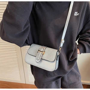 Detail of silver crossbody bag featuring glitter texture and golden metal buckle