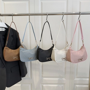 French Retro Women PU Underarm Shoulder Bag Fashion Bow Decoration Twill Texture Hobo Handbag Small Square Daily Purse