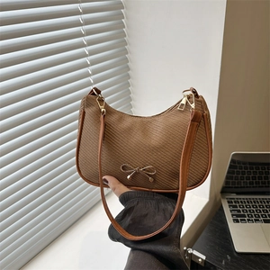 Fashion Women Rhinestone Bow Crescent Bag Chic Woven Texture Underarm Shoulder Bag PU Leather Hobo Handbag Commute Accessory