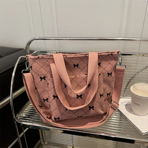 Borsa Tote da Donna in Velluto a Coste Ricamo a Fiocco Trapuntato a Rombi Grande Capacità Borsa a Tracolla Per Scuola Quotidiana