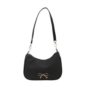 Classic black crescent hobo shoulder bag with a stylish golden bow metallic buckle
