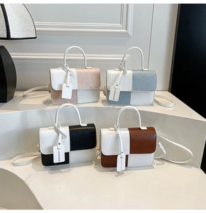 Collage of chic patchwork handbags in four colors with stylish flap closure and top handles