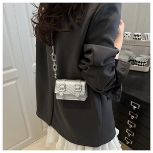 Silver mini crossbody bag with carbon fiber texture and acrylic chain details