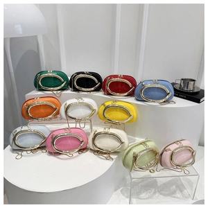 Detailed display of 12 vibrant colors for the acrylic mini bag with gold ring handle