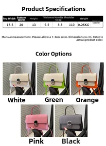 Detailed size chart for stylish crossbody bag with lock buckle and color options