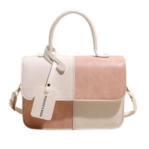 Retro color-block square handbag with beige and pink PU leather and gold hardware