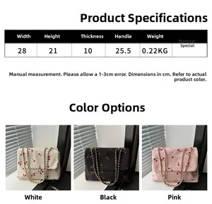 Tableau des tailles et sacs cabas en velours à motif cerise en blanc, noir et rose