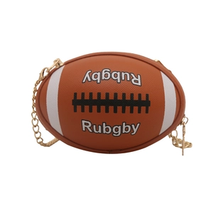 Rugby shaped crossbody bag with brown and white faux leather and gold chain strap