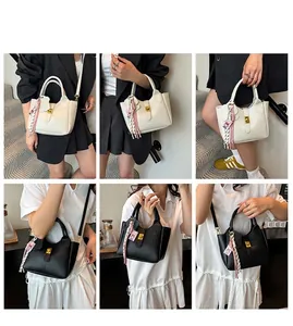 Collage of chic lychee-patterned bucket bags in black and cream for styling inspiration
