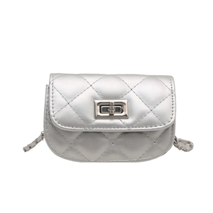 Silver quilted mini saddle bag with metal chain strap and turn-lock closure