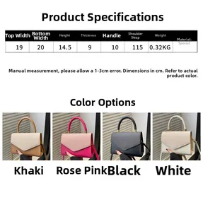 Size chart for women's crossbody bag with detailed dimensions and four color options