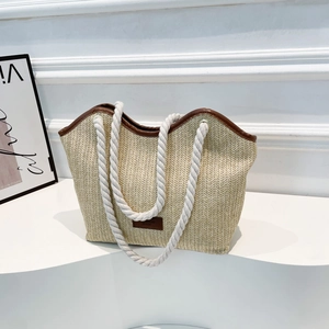 Bolso Tote de Paja Tejida Gran Capacidad Mujer Verano Playa Bolso de Hombro Casual Asa de Cuerda Moda Bolso PU Trim