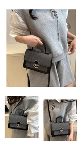 Three-way view of textured lock closure crossbody bag in hand-held and shoulder positions