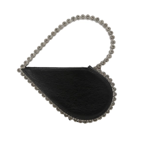 Chic heart-shaped black leather evening clutch bag with silver rhinestone trim for women