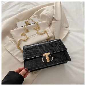 Close-up of black crocodile embossed small square bag with golden T-shaped metal lock