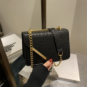 Women Woven Texture Small Square Bag Elegant Gold Chain Strap Crossbody Shoulder PU Leather Trendy Messenger