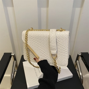 White woven textured small square crossbody bag with gold chain strap for women