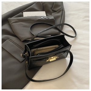 Interior capacity detail of black crocodile pattern crossbody bag with golden lock