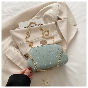 Detail of light green mint fabric handbag with gold chain and rhinestone clasp buckle