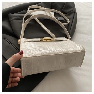 Detail of the crocodile pattern PU leather texture and gold buckle on the beige square bag